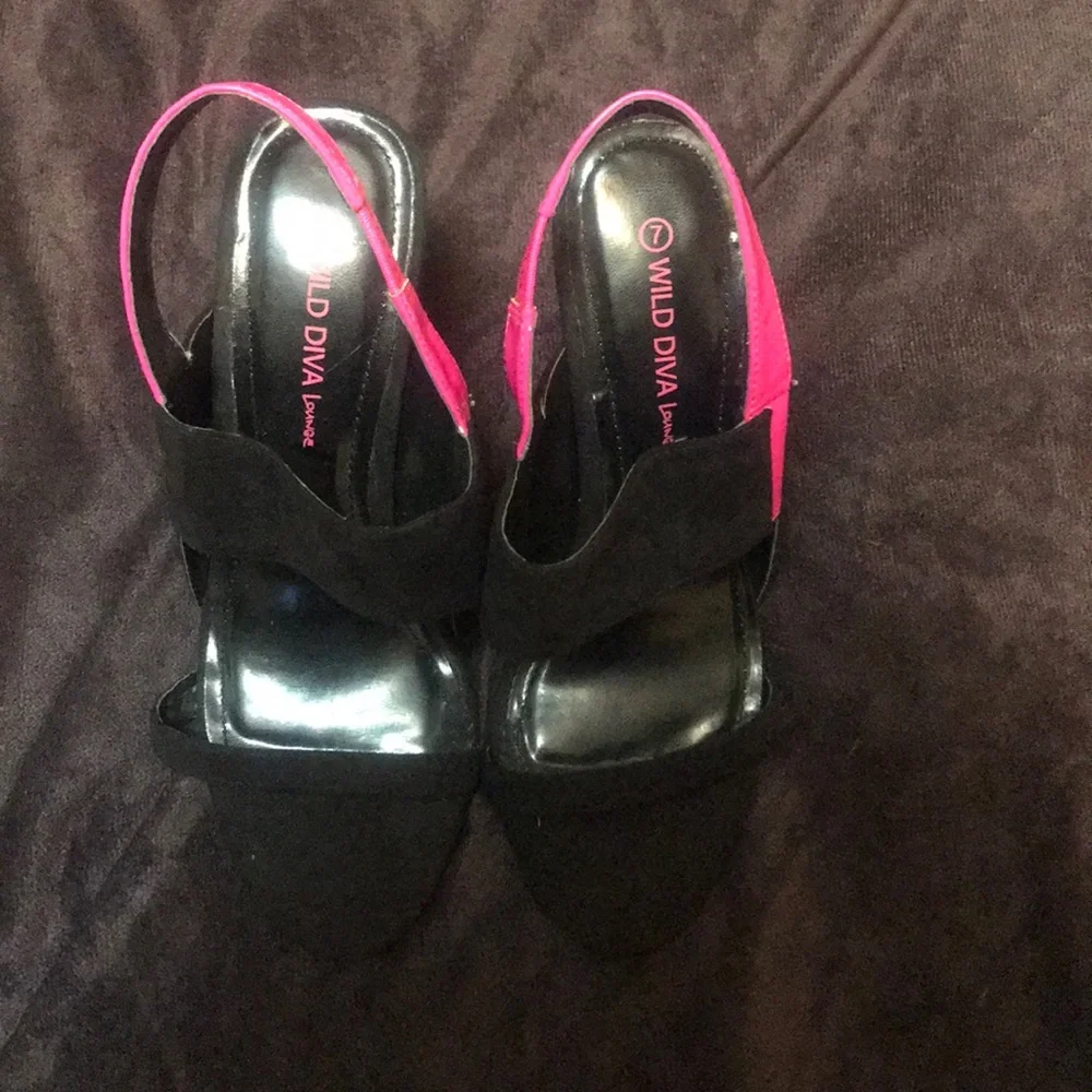 Dolls Kill Black Suede Wedge Heels with Hot Pink Trim